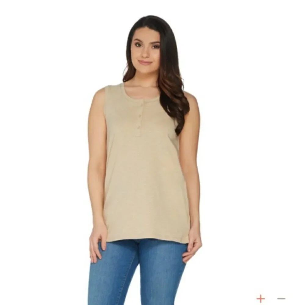 New Denim & Co. Sleeveless Textured Knit Henley Top in Classic Beige | Size XL